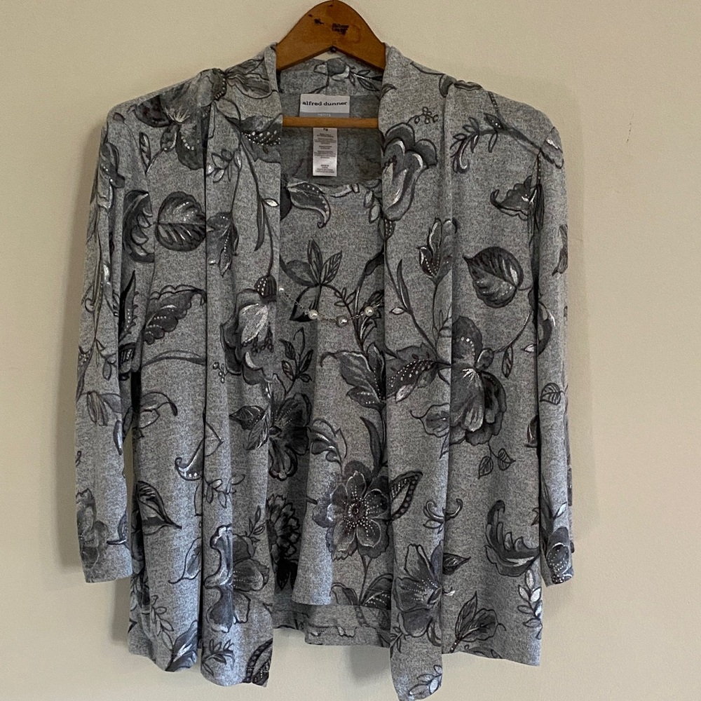 Alfred Dunner Gray Floral Cardigan with attached Top